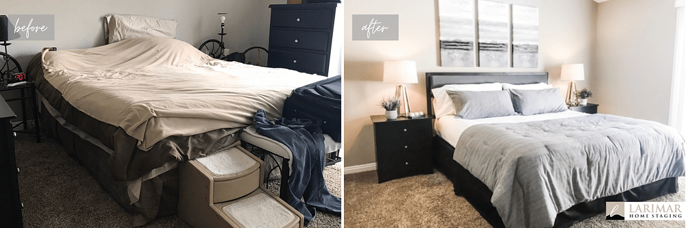 Staging a home while living in it Bedroom staging before and after