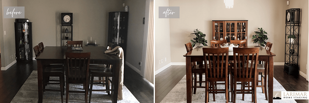 Adding a light fixture above the dining table made a huge difference in this staged home