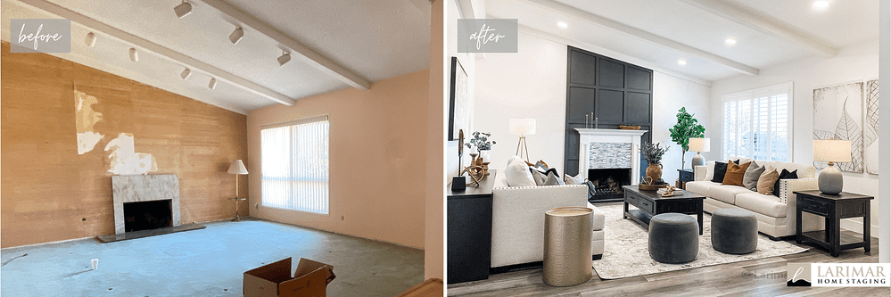 Living room before and after design consultation and home staging Orange County