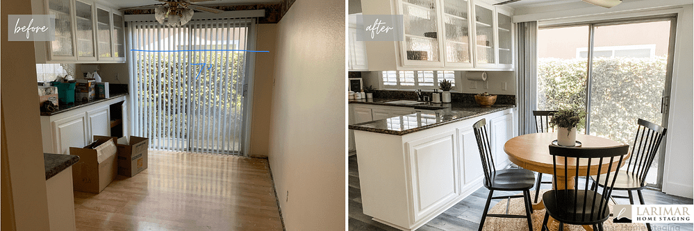 Farmhouse breakfast nook before new flooring and paint and after stagign