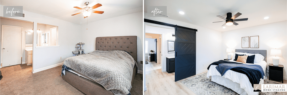 Primary bedroom before and after Larimar Home Staging